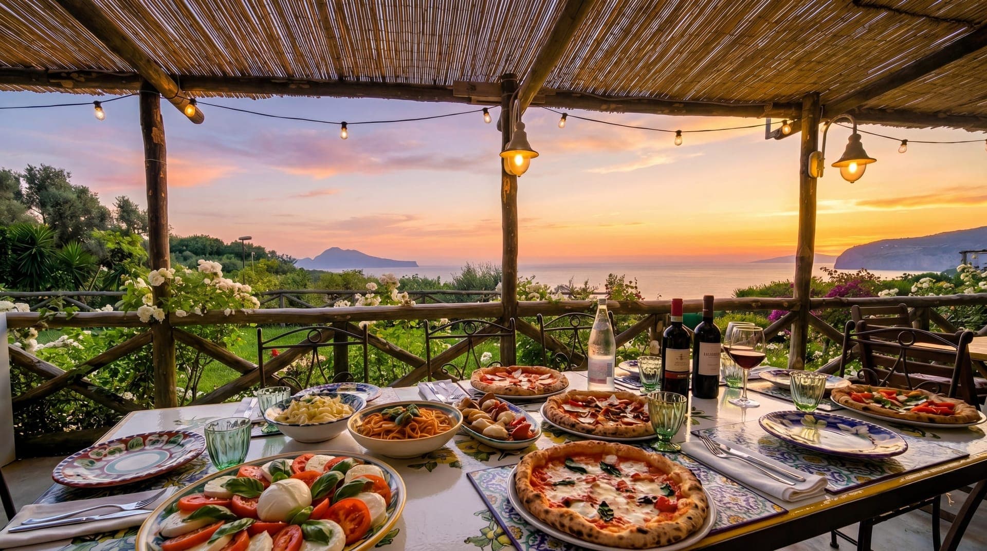 Villa Lorelei terrace with sunset view over Capri, Sorrento Coast